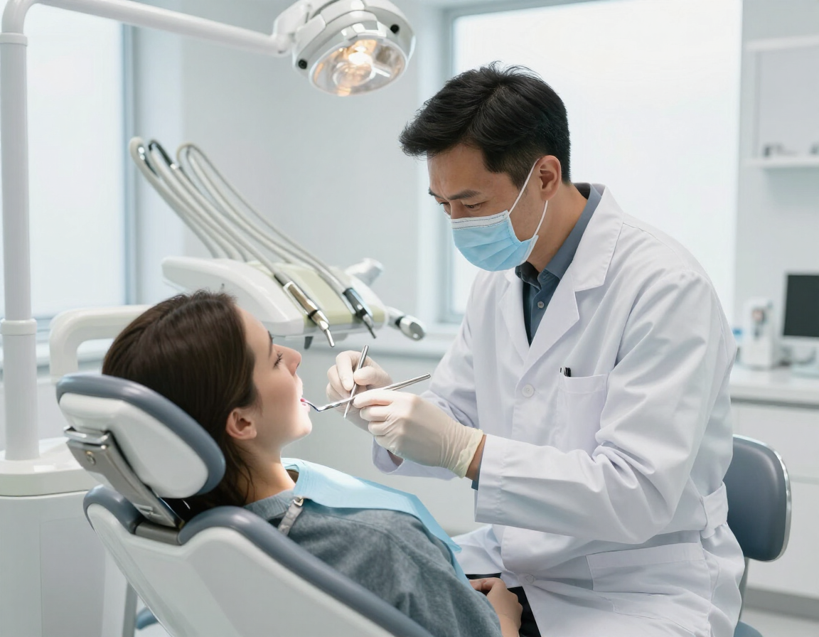 Dentist examining a patient's teeth during a check-up in a bright modern clinic