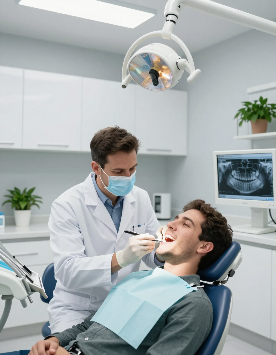 Dentist assessing a patient's smile before cosmetic treatment