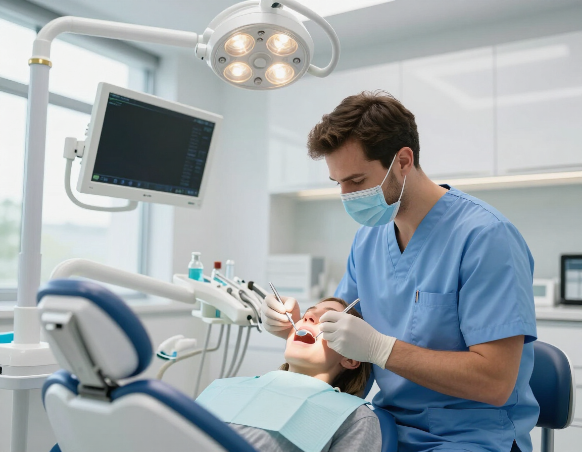 Dentist assessing a patient's teeth and bite during an Invisalign consultation