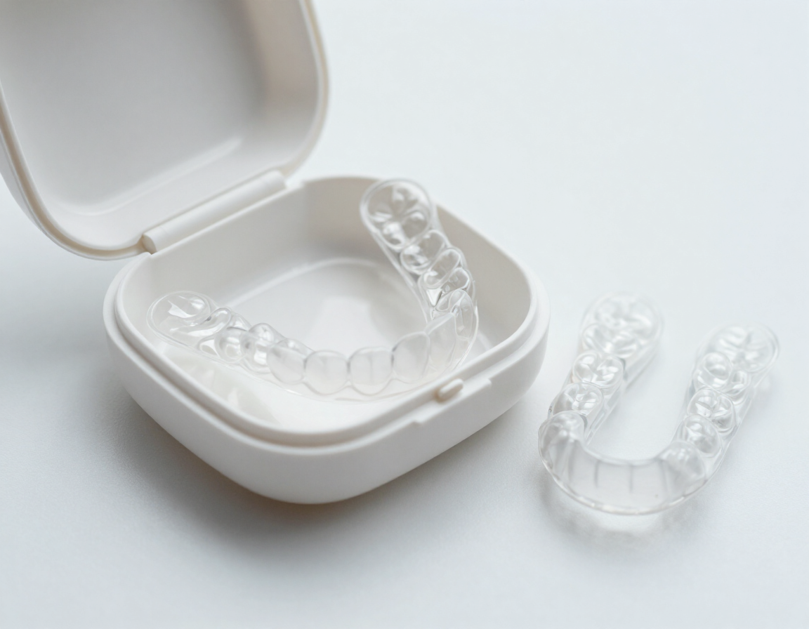 Clear plastic retainer beside a case, used after Invisalign treatment