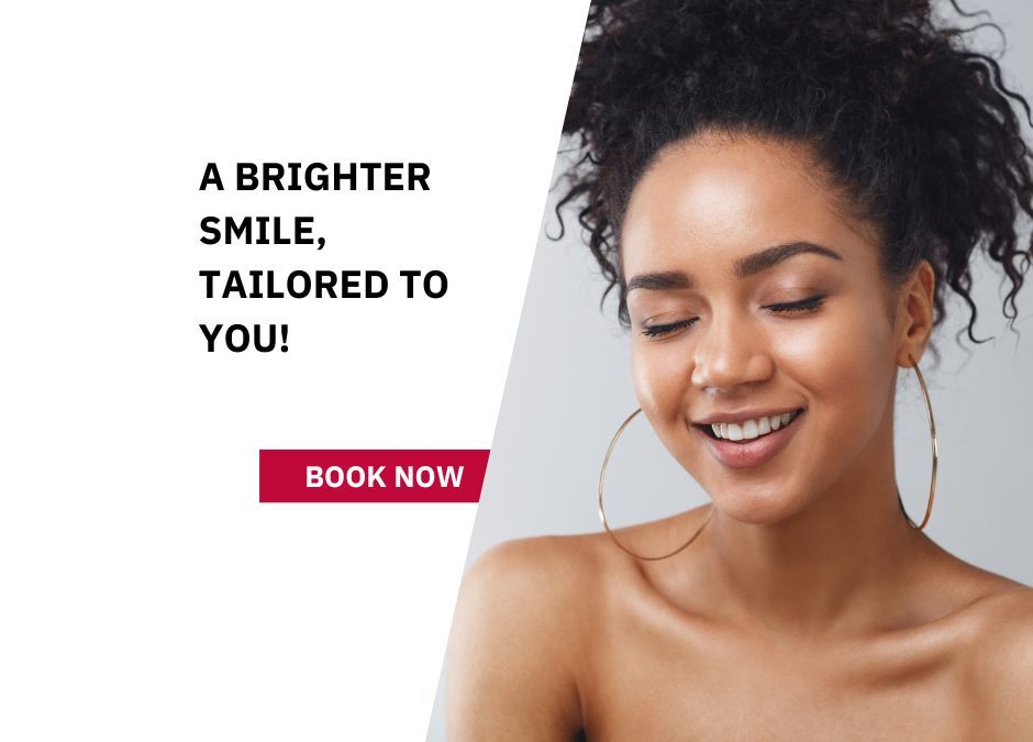 Smiling woman with bare shoulders beside text reading “A brighter smile, tailored to you!” and a “Book Now” button