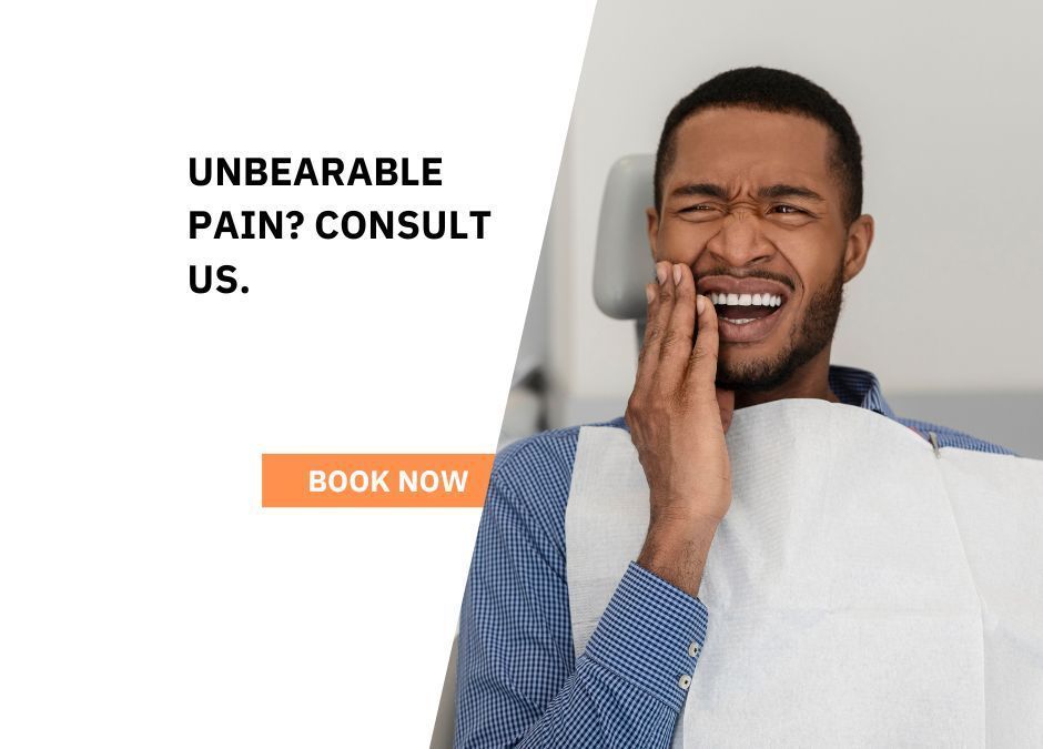 Man clutching his cheek with tooth pain beside text: “Unbearable pain? Consult us.” and “Book now”