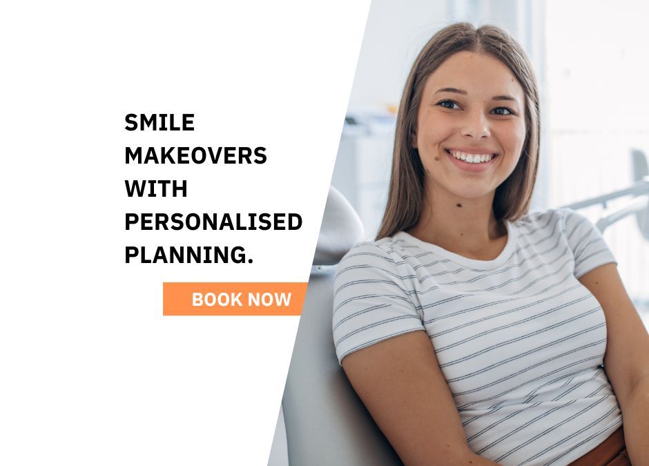 Smile makeovers with personalised planning; smiling woman beside orange “Book now” button.