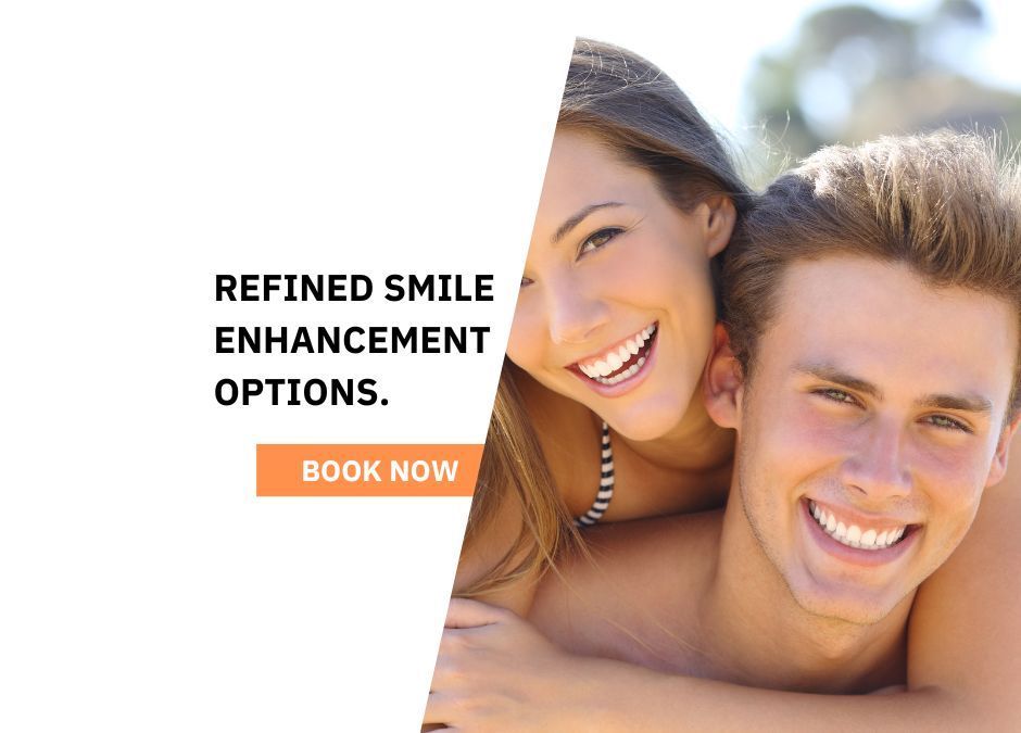 Refined smile enhancement options ad with smiling couple and orange “Book Now” button