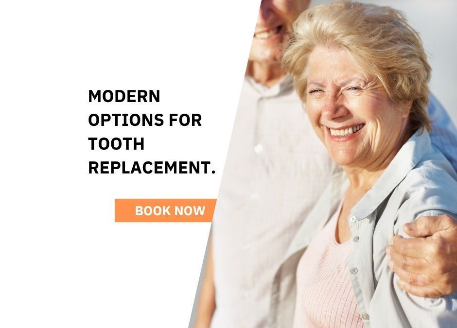 Smiling woman beside text: “Modern options for tooth replacement” with a “Book now” button