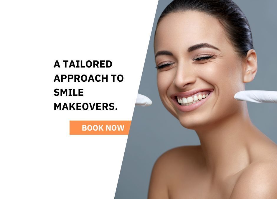 Smiling woman with teeth whitening tool beside text: “A tailored approach to smile makeovers. Book now.”