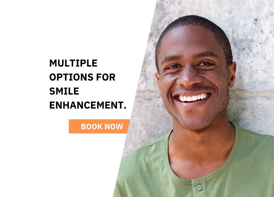 Smiling person beside text reading “Multiple options for smile enhancement” and a “Book now” button