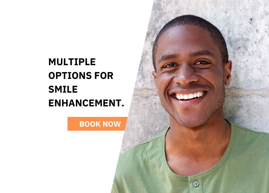 Smiling man in green shirt beside text reading “Multiple options for smile enhancement” and “Book now”