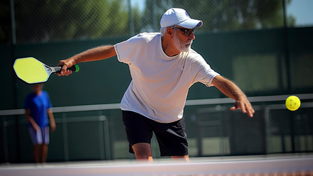 A Gold  Coast man is playing pickleball on a tennis court.