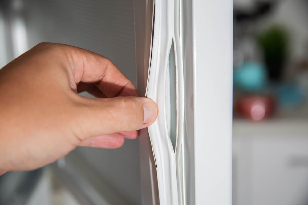 A person is holding the door seal of a refrigerator — NQ Fridge & Freezer Seals In Manoora, QLD
