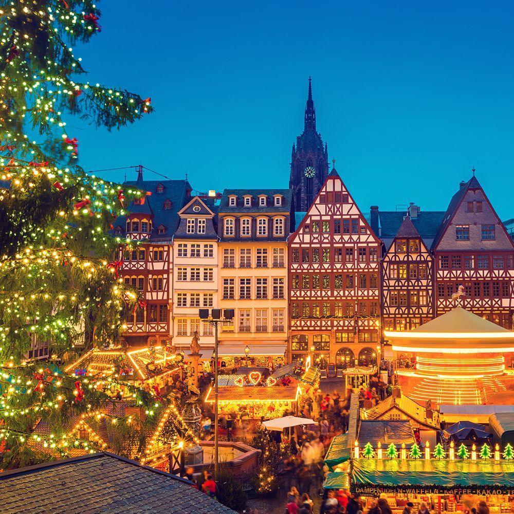 Frankfurt Christmas Market with holiday lights 