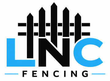 LNC Fencing logo with black fence graphic, blue letters, and “FENCING” beneath