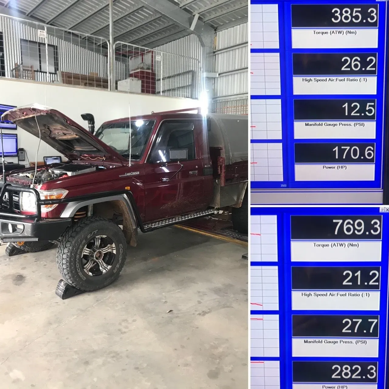 A Red Truck Is Parked In A Garage With The Hood Up — Brad's Auto Electrical in Mareeba, QLD