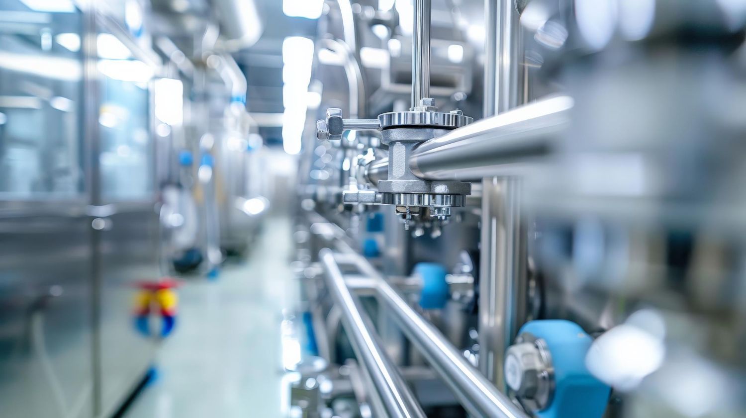 Vista de cerca de tuberías, válvulas y equipos industriales de acero inoxidable en una planta procesadora de alimentos muy iluminada.