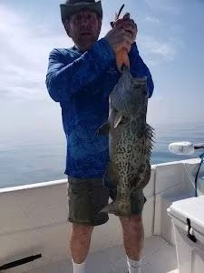 Man on boat holding a spotted grouper. Blue shirt, shorts, hat. Ocean background.
