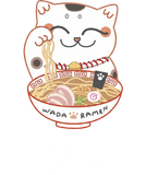 Cute cat mascot eating ramen from a bowl, with chopsticks, pink pork slices, and the text "WADA RAMEN"