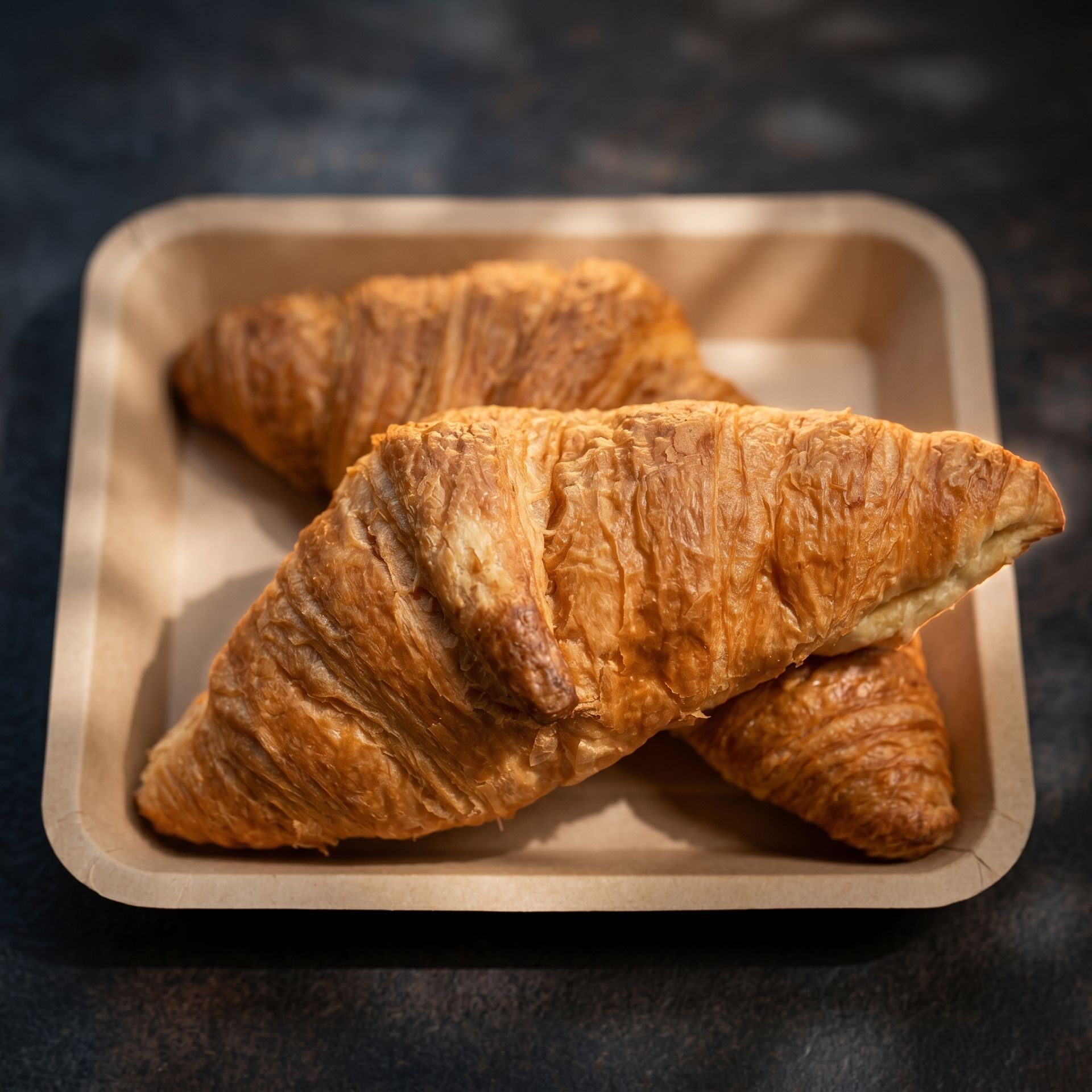 Three golden-brown croissants in a small cardboard tray on a dark table