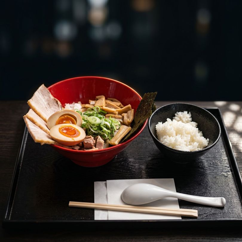 Red ramen bowl with egg and vegetables, small bowl of rice, chopsticks, and spoon on a black tray.