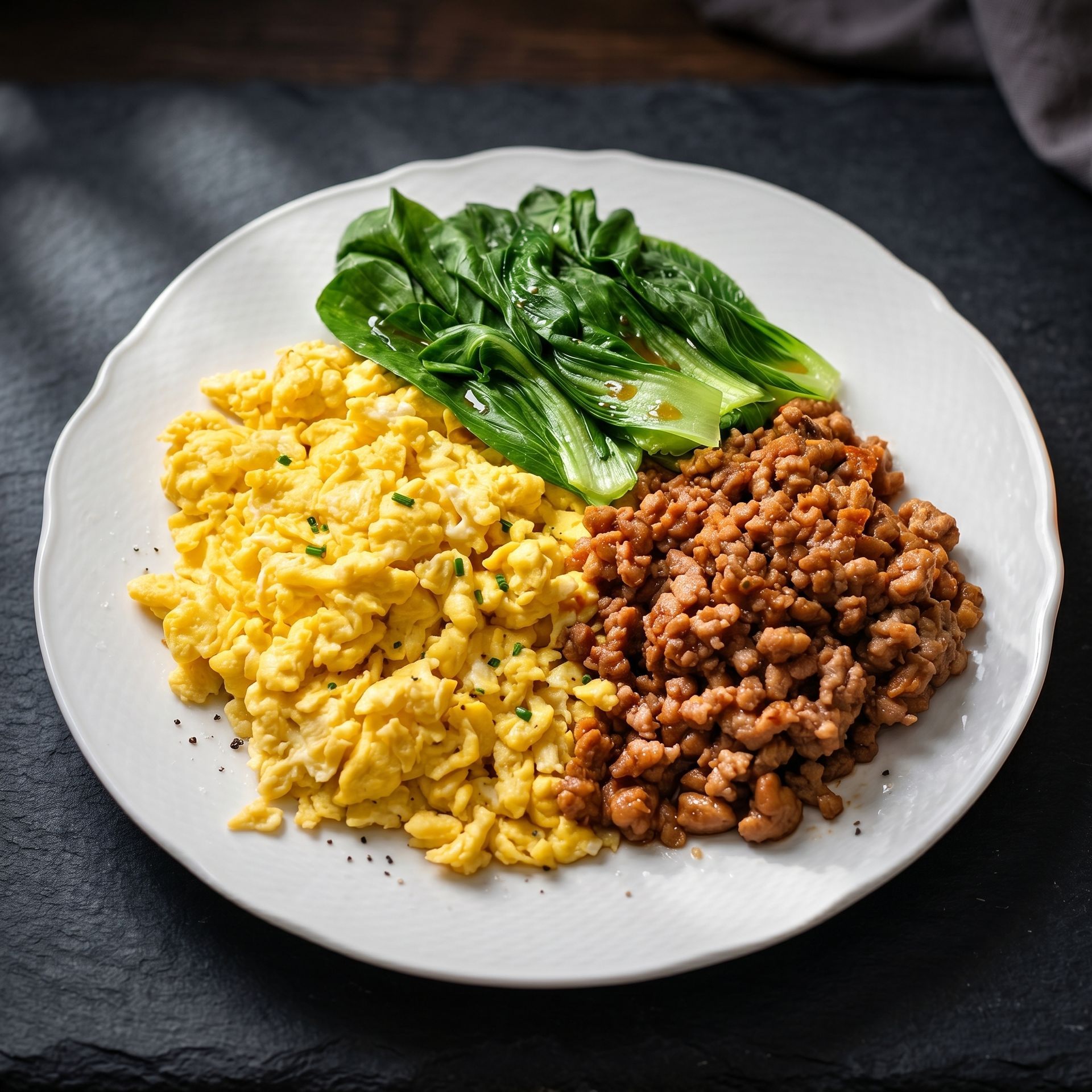 Plate with scrambled eggs, browned ground meat, and sautéed green vegetables on a white dish