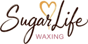 Sugar Life waxing logo with heart icon. Dark brown script text with orange heart.