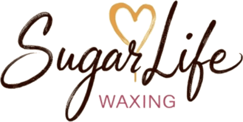Sugar Life waxing logo with heart icon. Dark brown script text with orange heart.