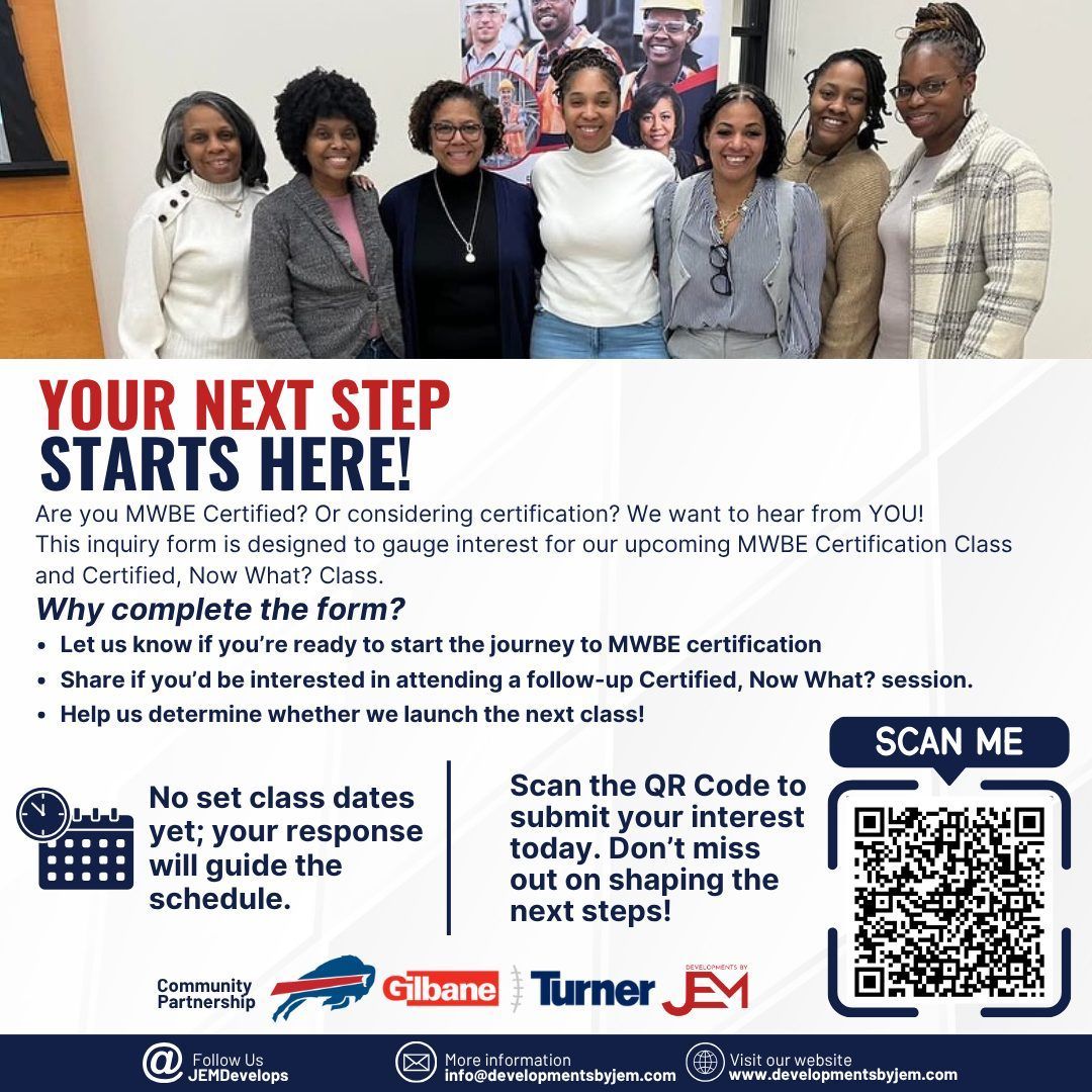 Flyer promoting MWBE Certification class, with a group photo and a QR code to scan.