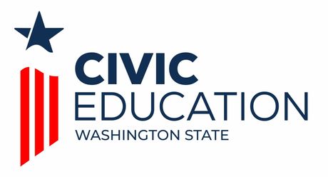 The logo for civic education washington state is blue and red with a star.
