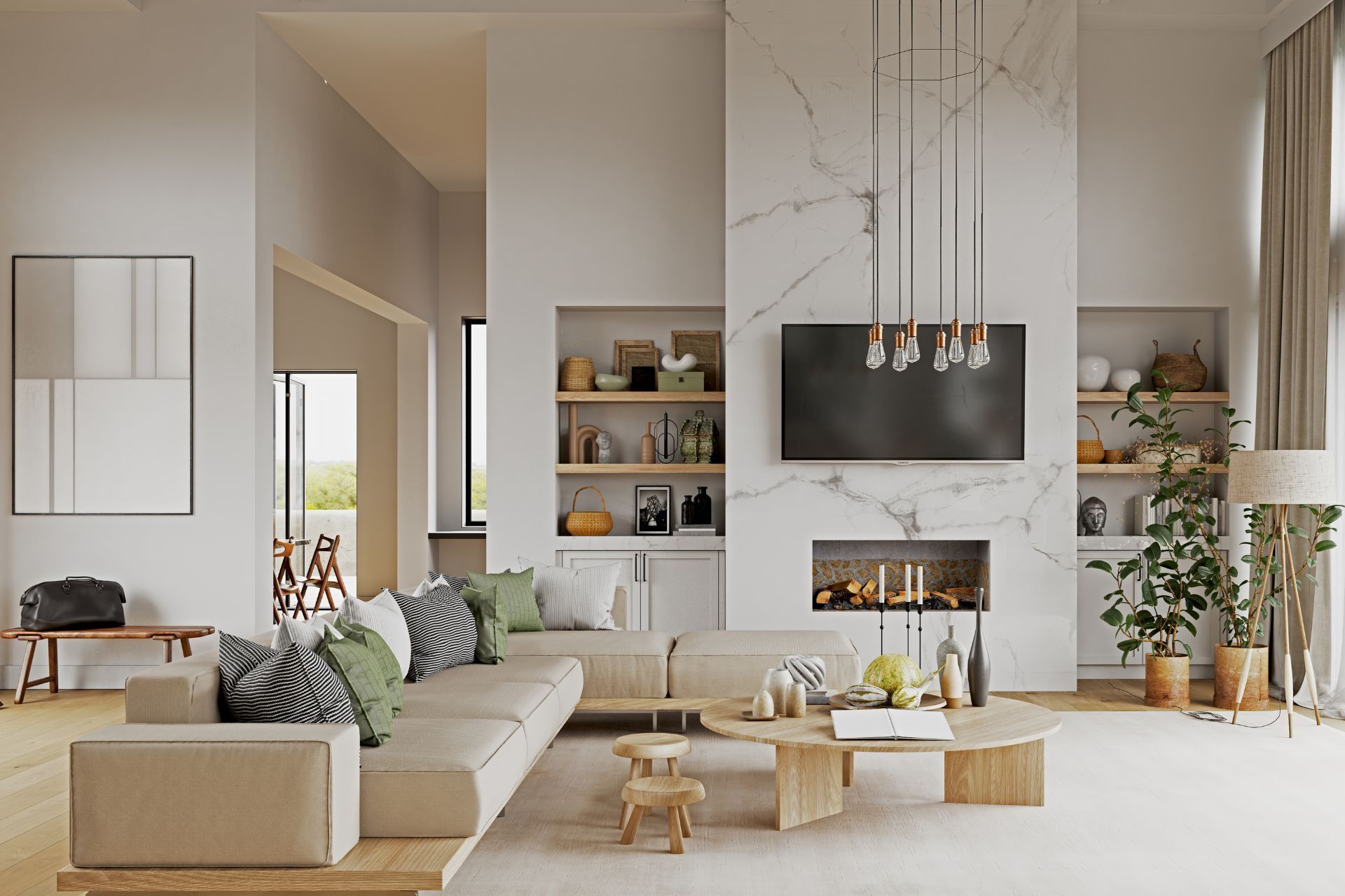 A living room with a couch , coffee table , television and fireplace.