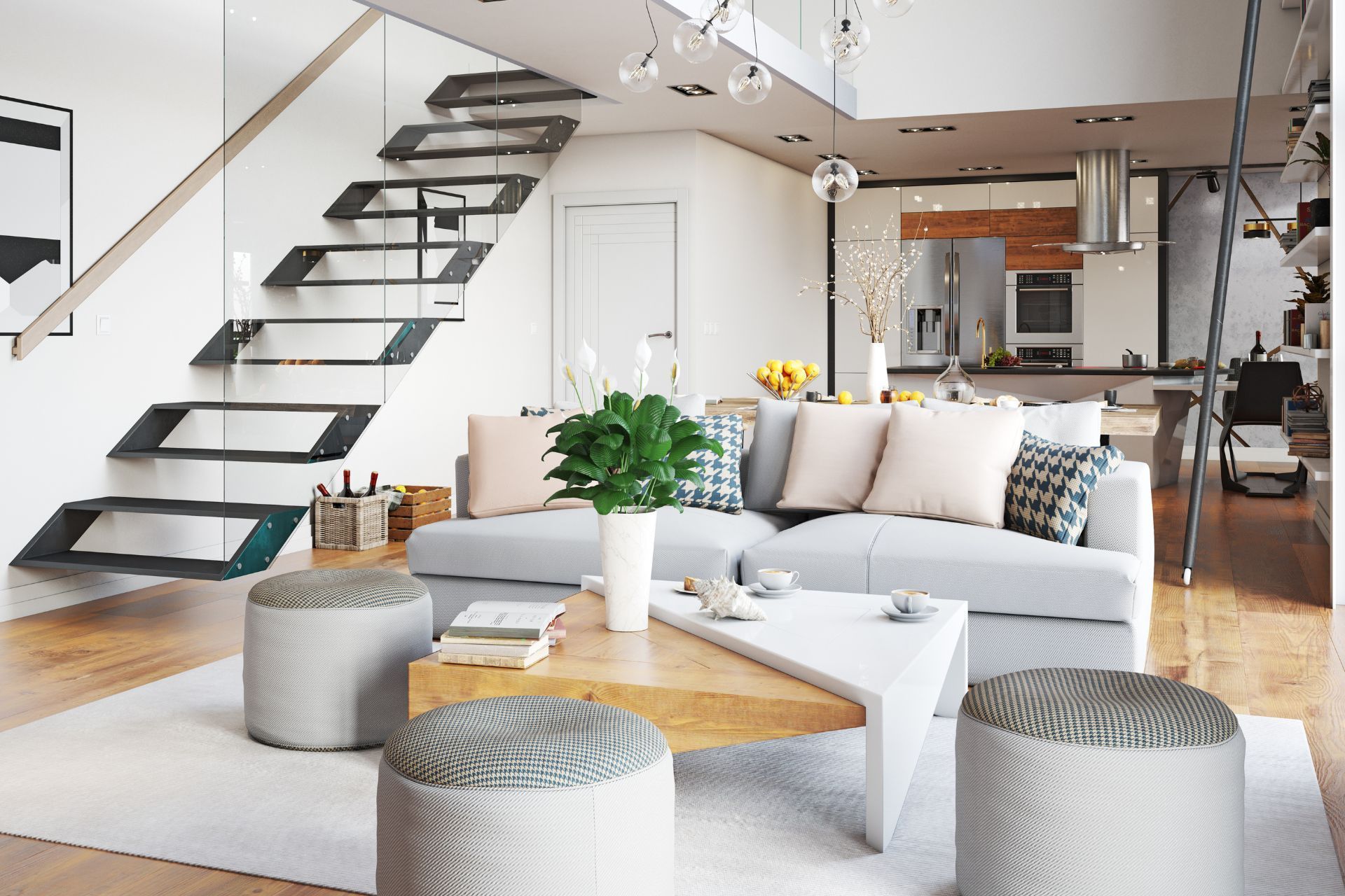 A living room with a couch , coffee table , ottomans and stairs.
