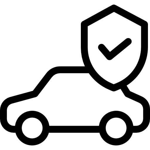 Black outline of a car with a shield and checkmark, suggesting vehicle security or protection