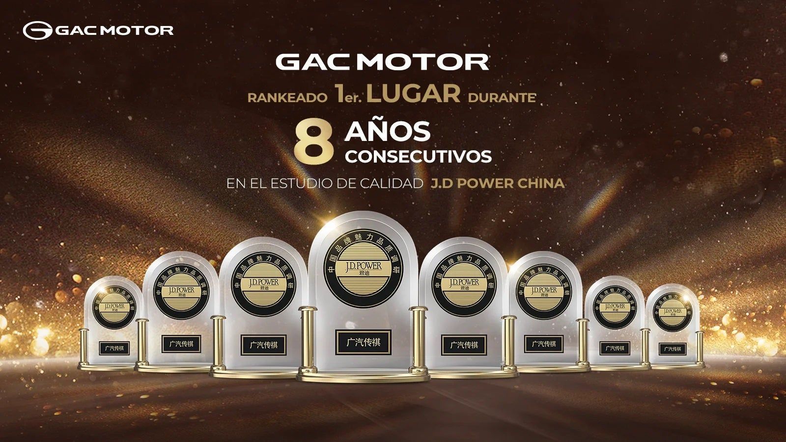 GAC MOTOR 8th consecutive award banner with seven gold award plaques on a glowing brown backdrop