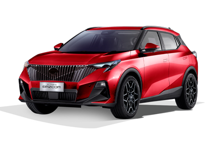Red compact SUV with black trim and wheels on a white background