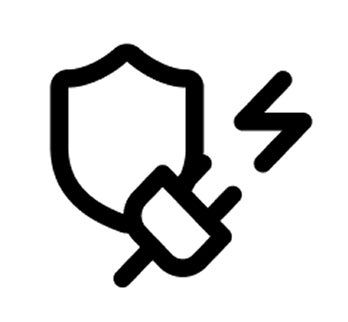 Black shield with a plug and lightning bolt icon, suggesting electrical protection or safety