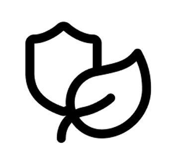 Black outline of a shield overlapped by a leaf icon on a white background