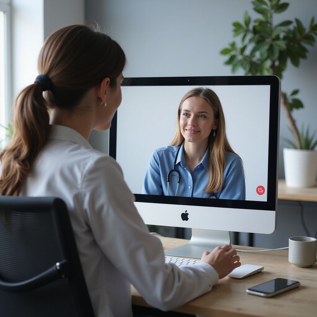 Woman on computer screen in video call with doctor, consulting.