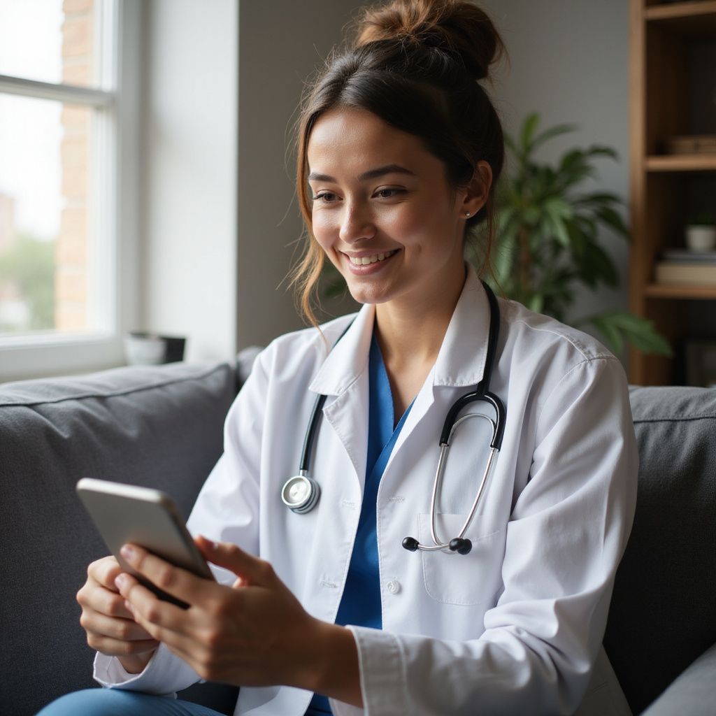 Doctor using a smartphone, smiling. Sitting on a couch, wearing a white coat and stethoscope.