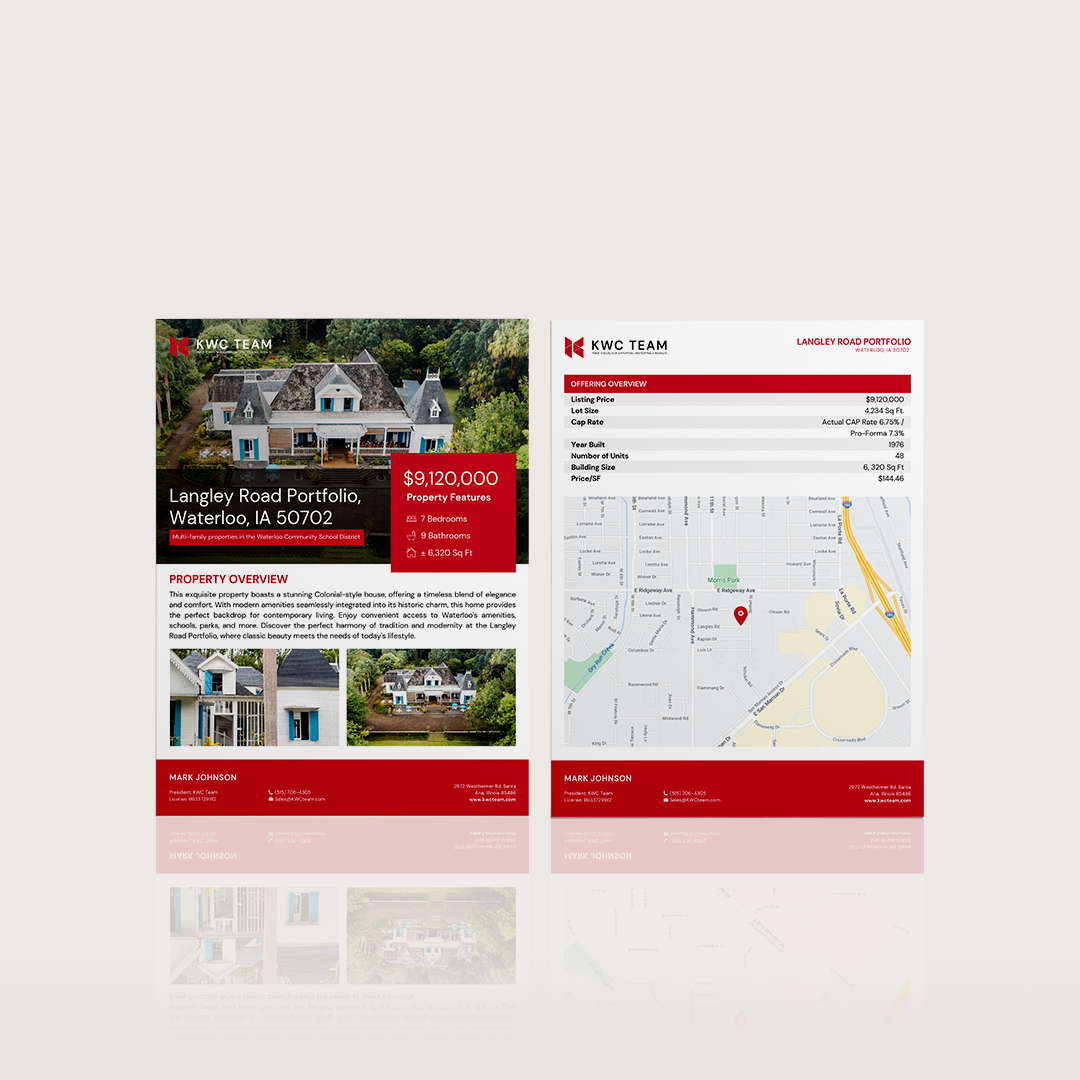 Real estate flyer: house exterior photos, details, map, red and white color scheme.