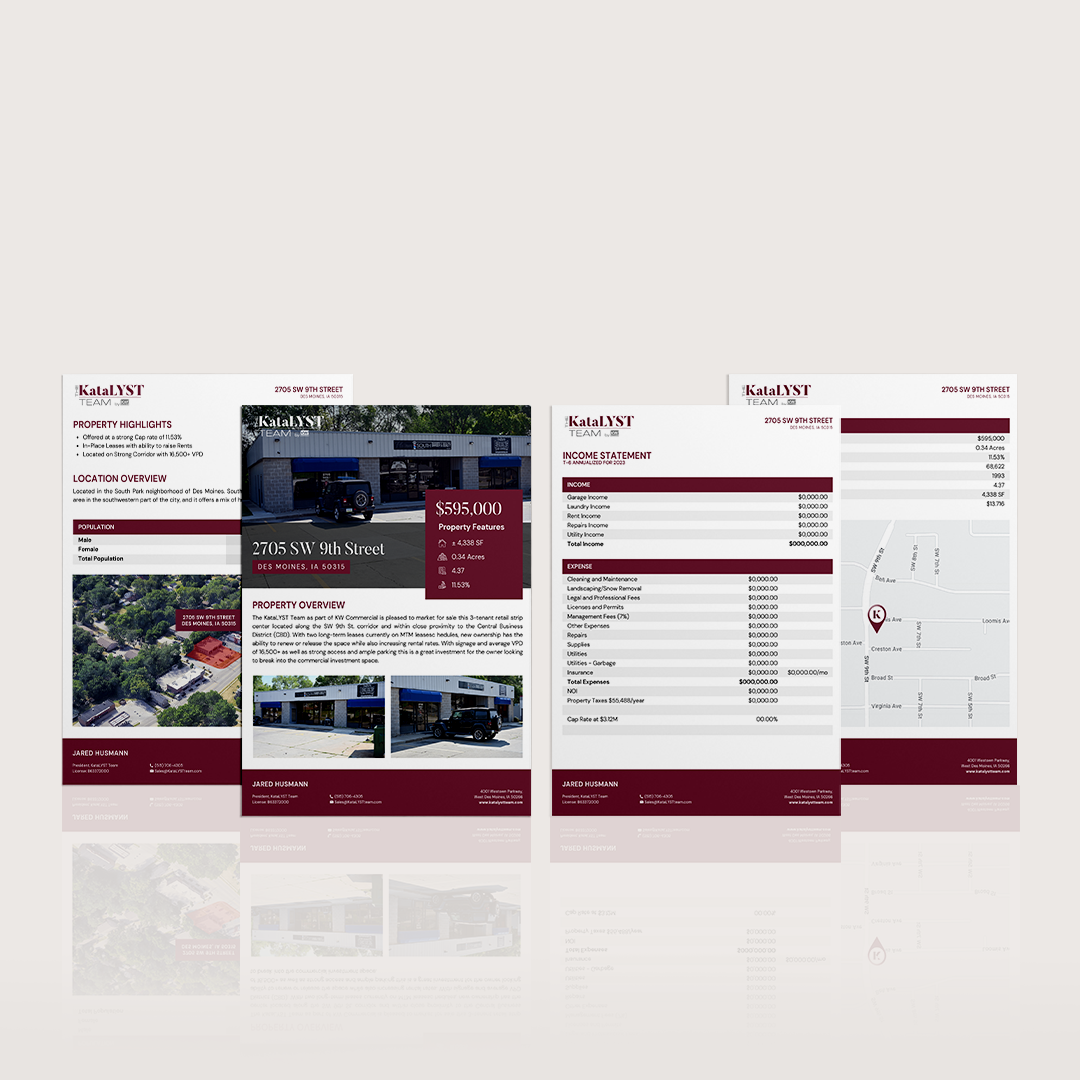 Real estate flyers in burgundy and white, showcasing property details and photos.