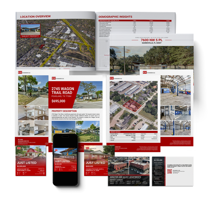 Real estate marketing materials: brochures, phone, business cards, with red and white accents.