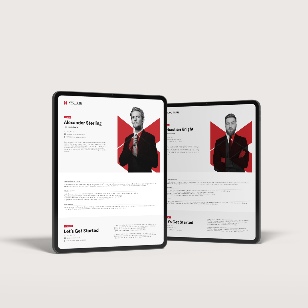 Two digital tablet mockups displaying a man in a suit, with text and red design elements.