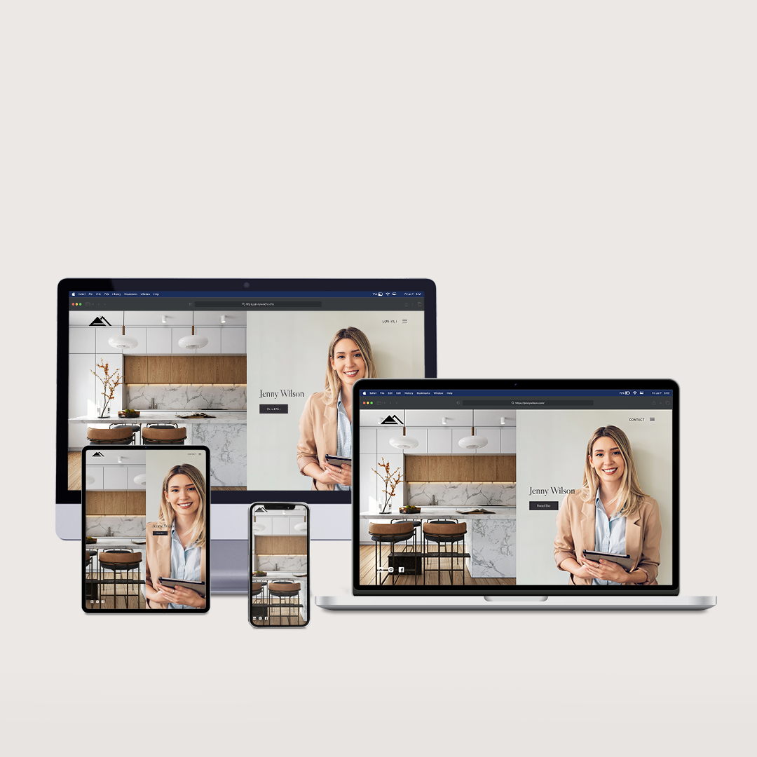 Website displayed on multiple devices: woman smiling in a kitchen setting.