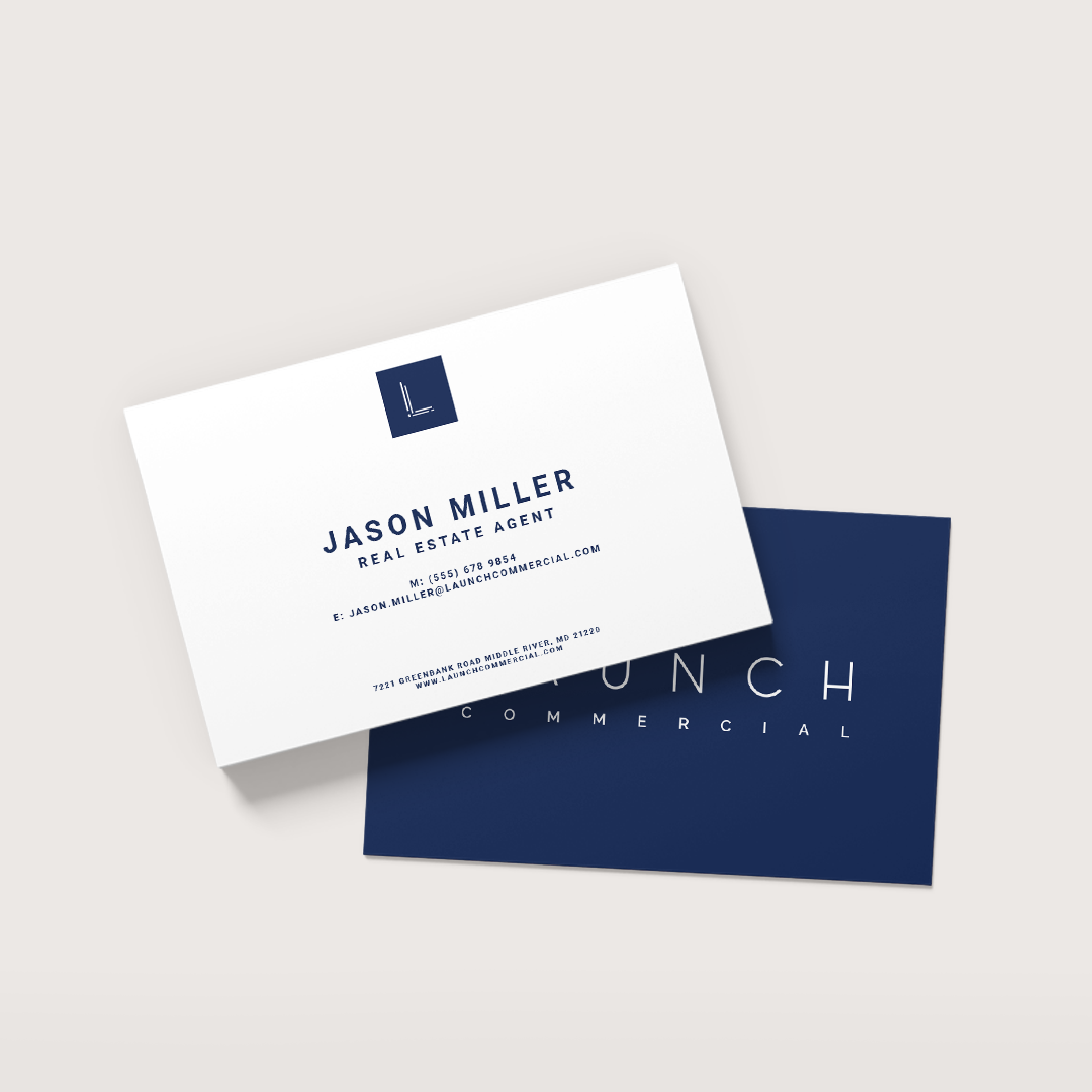 Two navy and white business cards with text. The top card has a logo and contact info. The bottom card says 