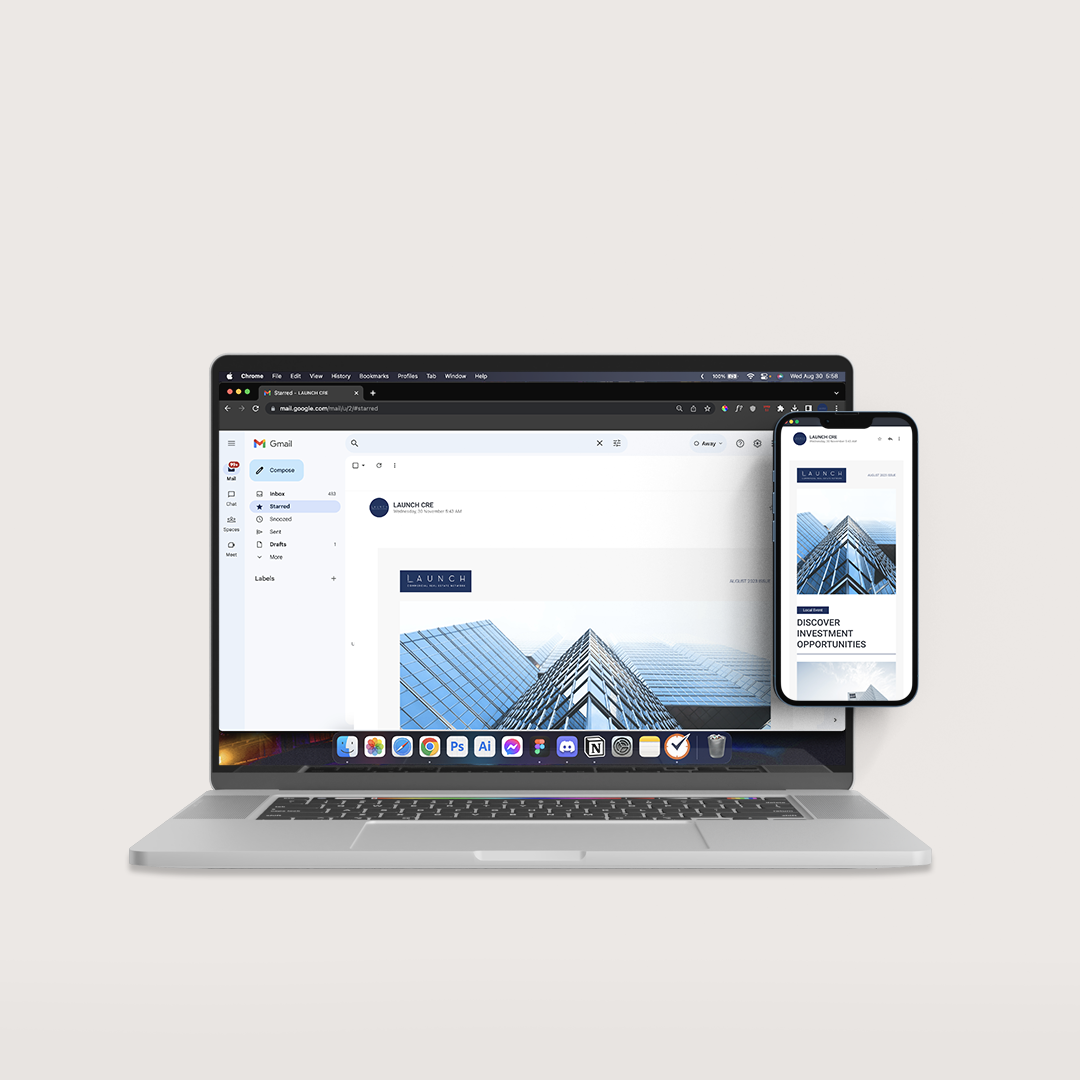 Laptop and smartphone displaying a website with a blue and white theme; featuring a photo of a modern building.