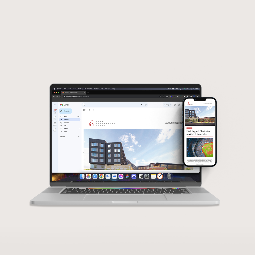 Laptop and phone side-by-side, displaying webpage and mobile news app with architectural images.