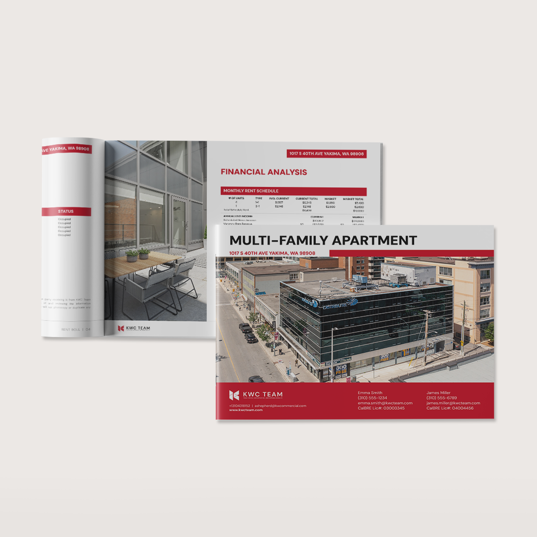 Brochure displaying a multi-family apartment building with red accents.