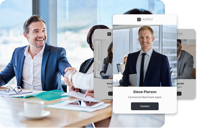 Businesspeople shaking hands with smartphone interfaces overlaid.