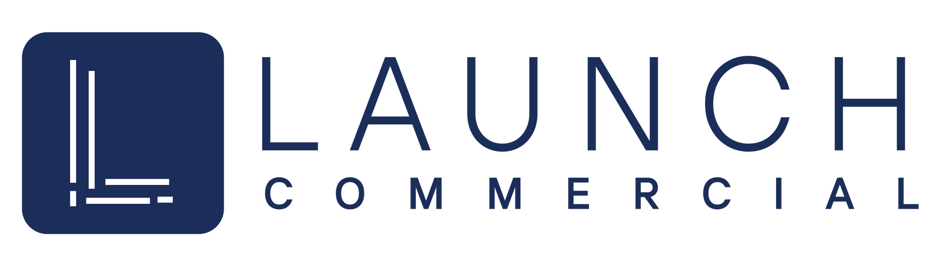Logo for Launch Commercial: a navy blue square with a white 