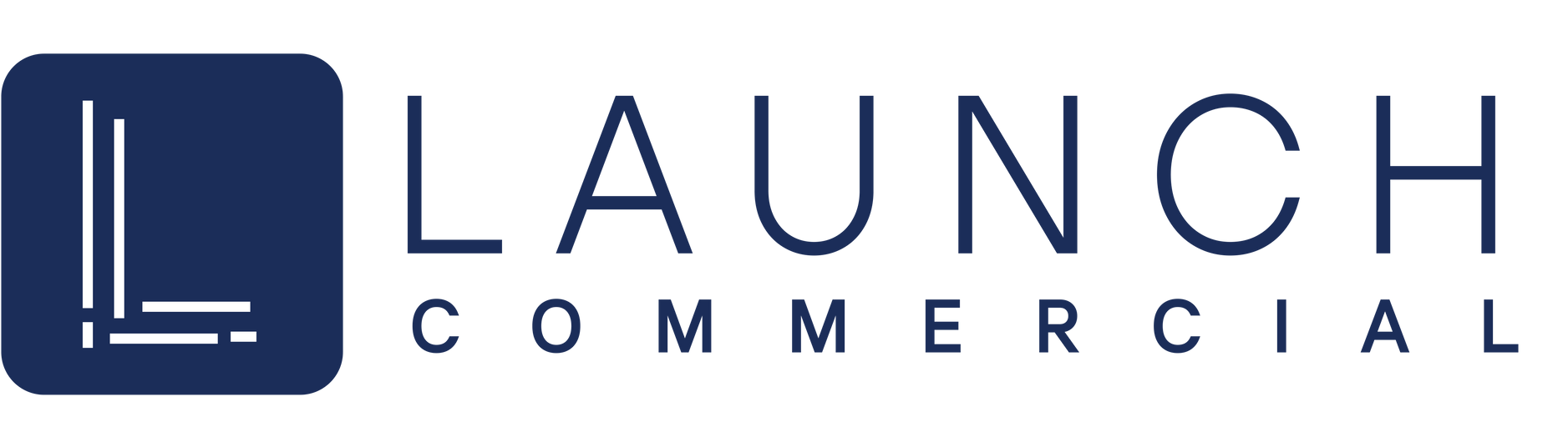 Logo for Launch Commercial, navy blue square with stylized 