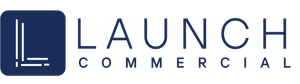 Logo for Launch Commercial, navy blue square with stylized 