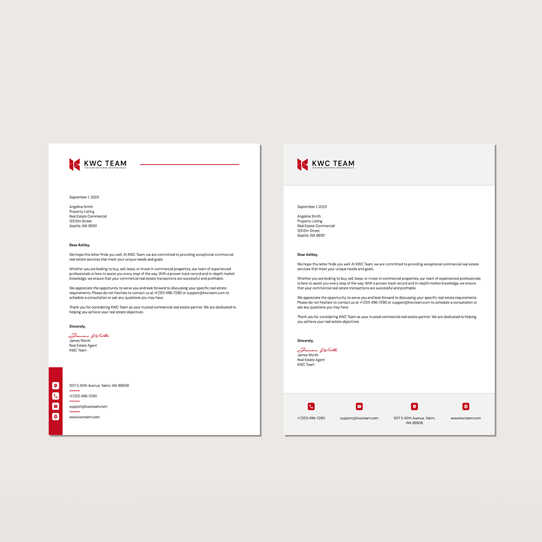 Two letterhead examples with the Spectrume logo. Red and white branding, text includes date, addresses, and content.